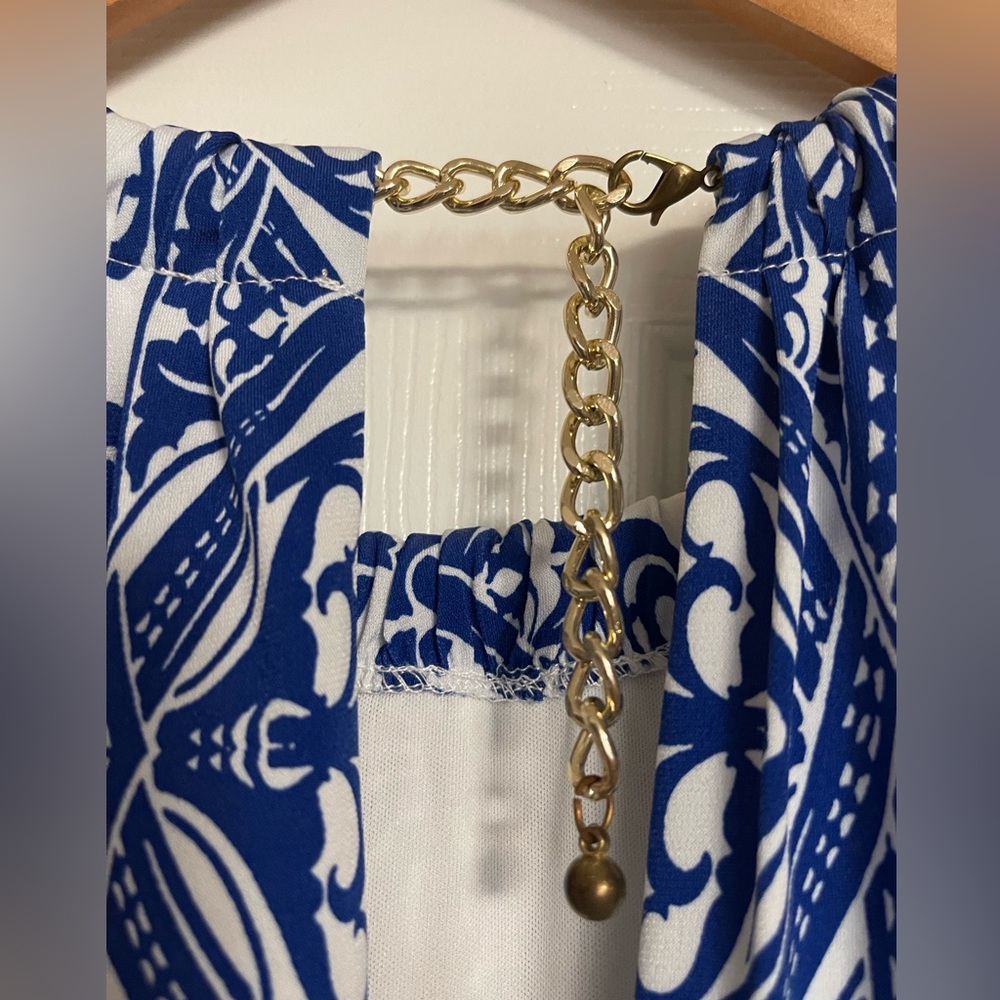 Bisou Bisou White & Blue Maxi Dress With Gold Chain Neck - Picture 6 of 7